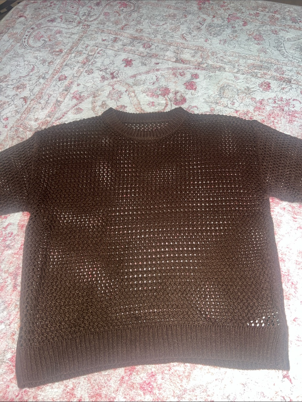 Open-Knit Crewneck Sweater in Dark Brown